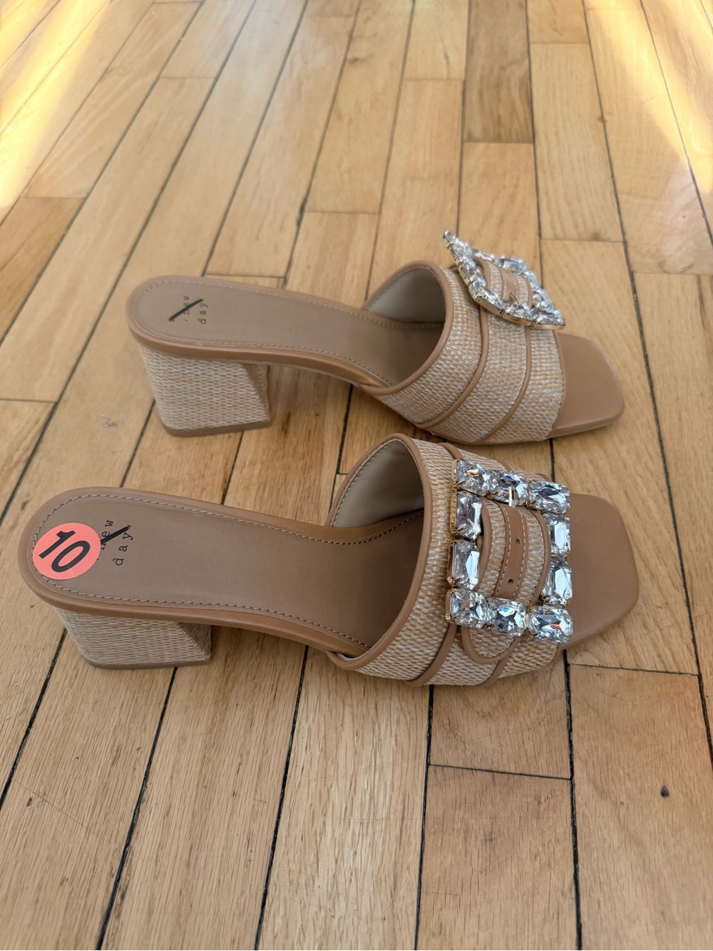 Kathleen Raffia Tan Slide Sandals with rhinestone buckle detail - Picture 2 of 3